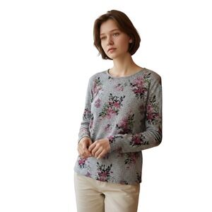 Bonnie‎ Evans Floral Top Women's Petite Medium Gray Pink Ruched Long Sleeve